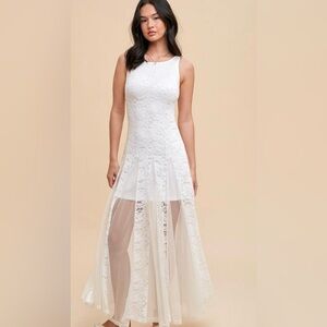 Aslow Ivory Allover Lace Paneled Flare Maxi Dress